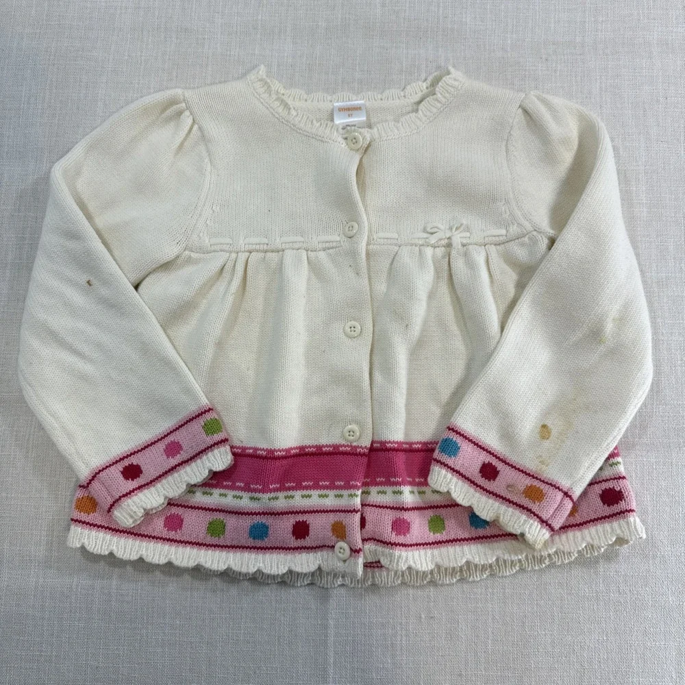 Gymboree Cardigan Sweater Girls 5T Ivory Pink Polka‎ Dot Knit Cottagecore
